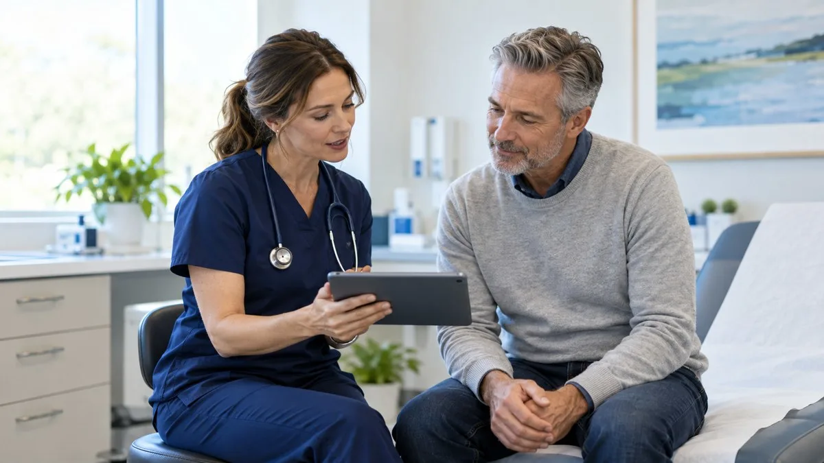 A clinician and adult patient reviewing information together