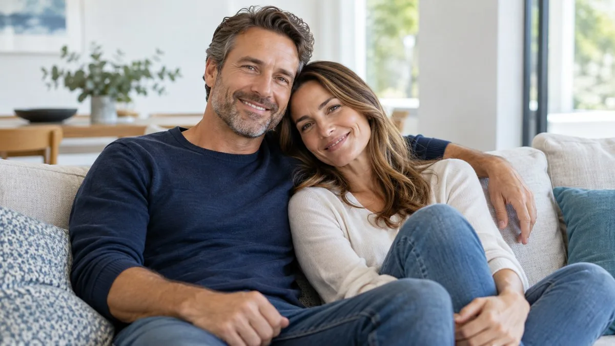 An adult couple sharing a relaxed moment at home