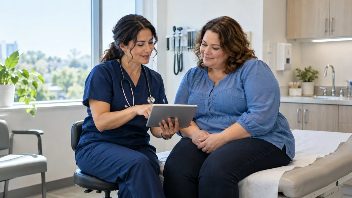 A clinician and patient reviewing a chart during consultation