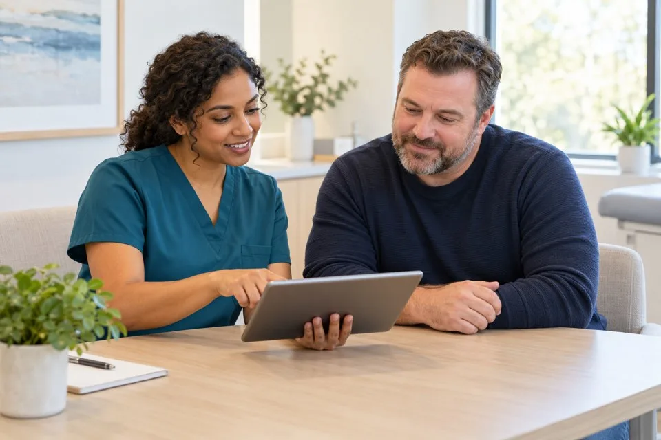 Clinician and adult patient reviewing information together on a tablet