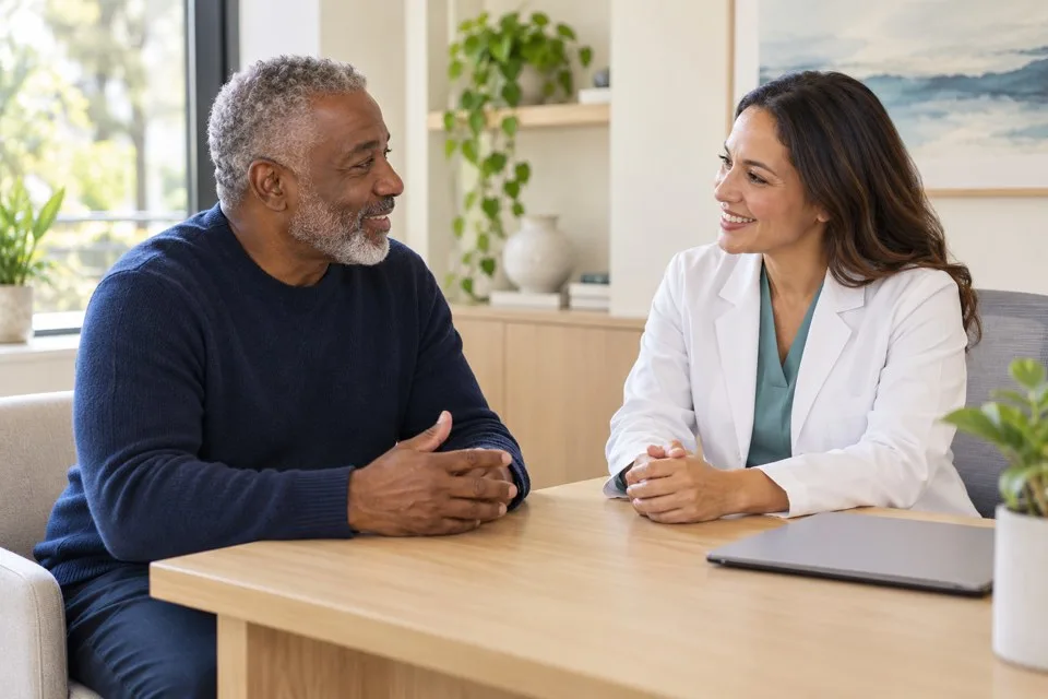 Adult patient discussing wellness with a clinician in a bright consultation room